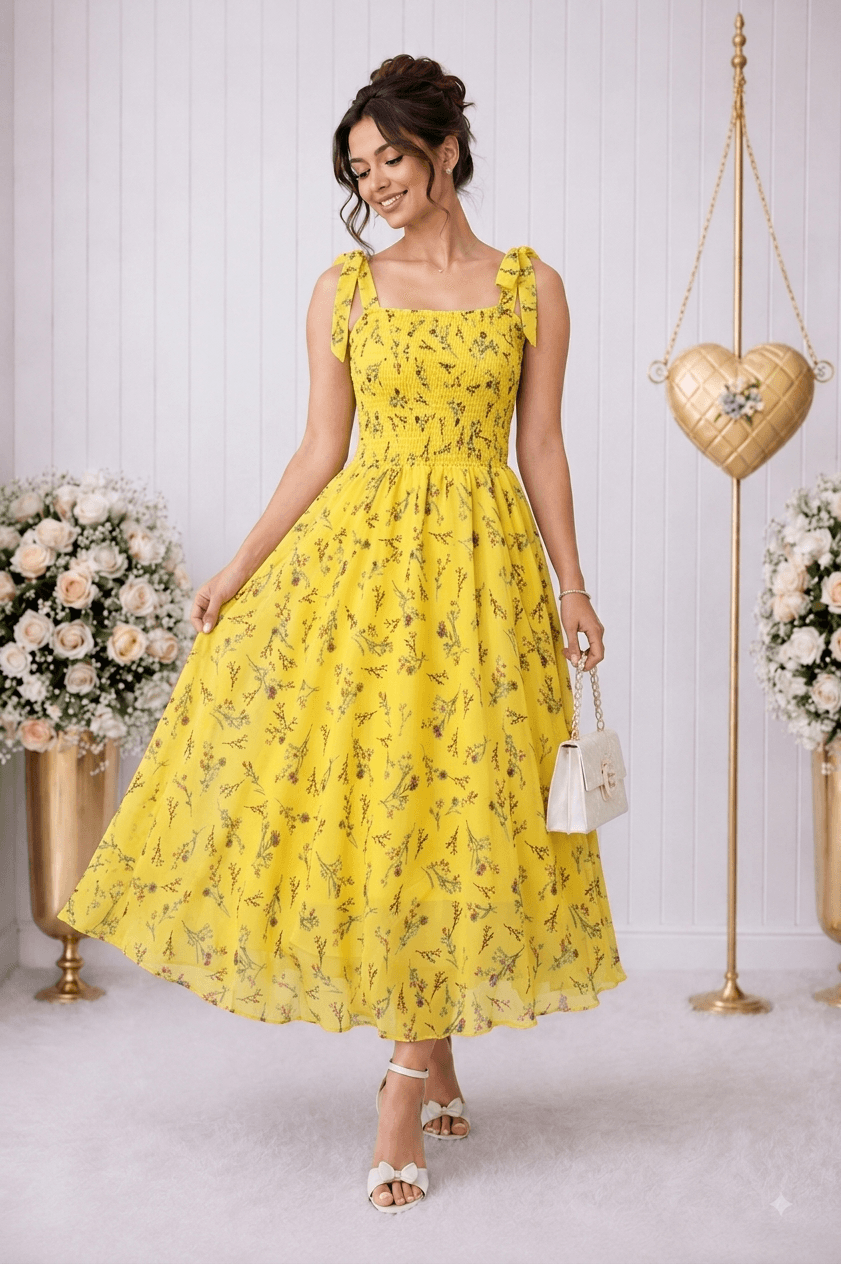 Women’s Yellow Floral Printed Fit & Flare Shoulder Starp Georgette Long Dress