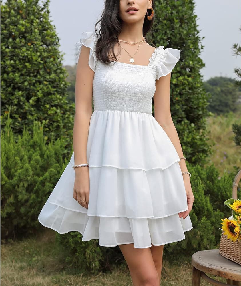 Women’s White Tiered Ruffle Sleeve Mini Dress