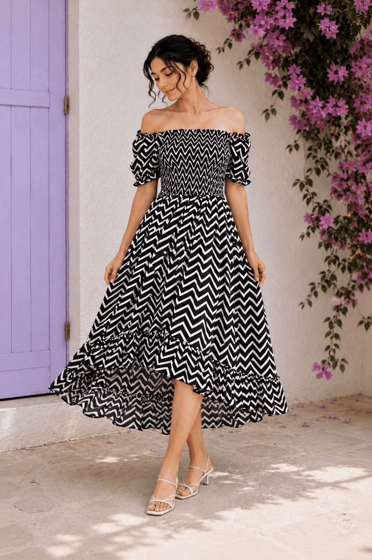 Black & White Chevron Printed Off-Shoulder High Low Dress