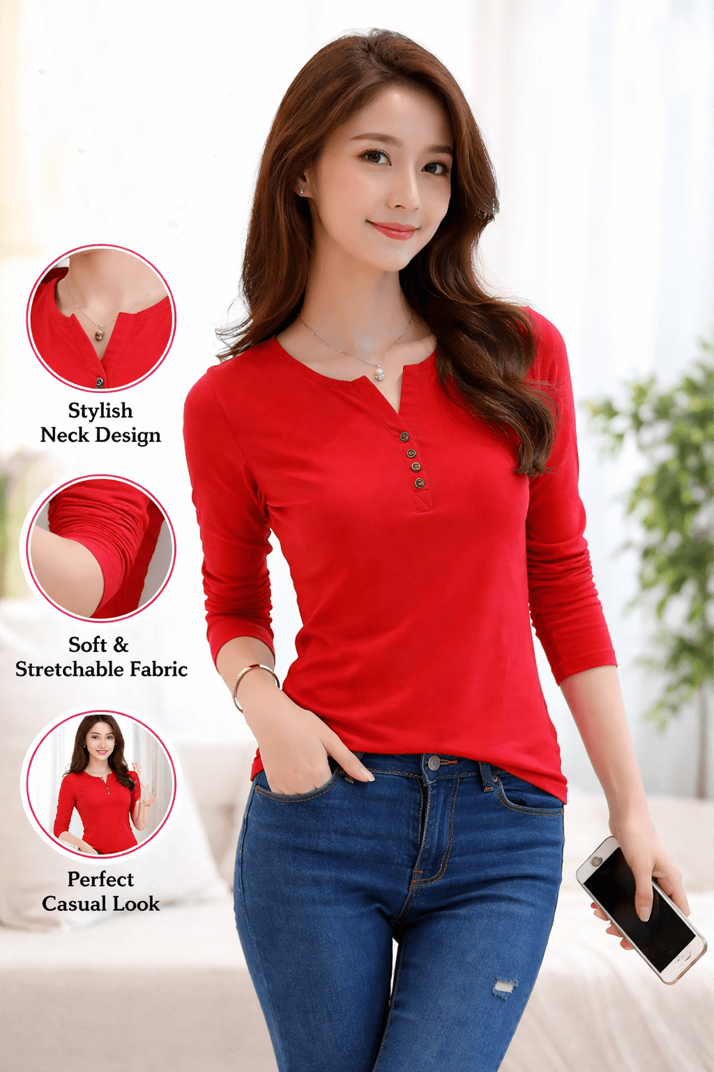 Women’s Red Full Sleeve Henley Neck Top