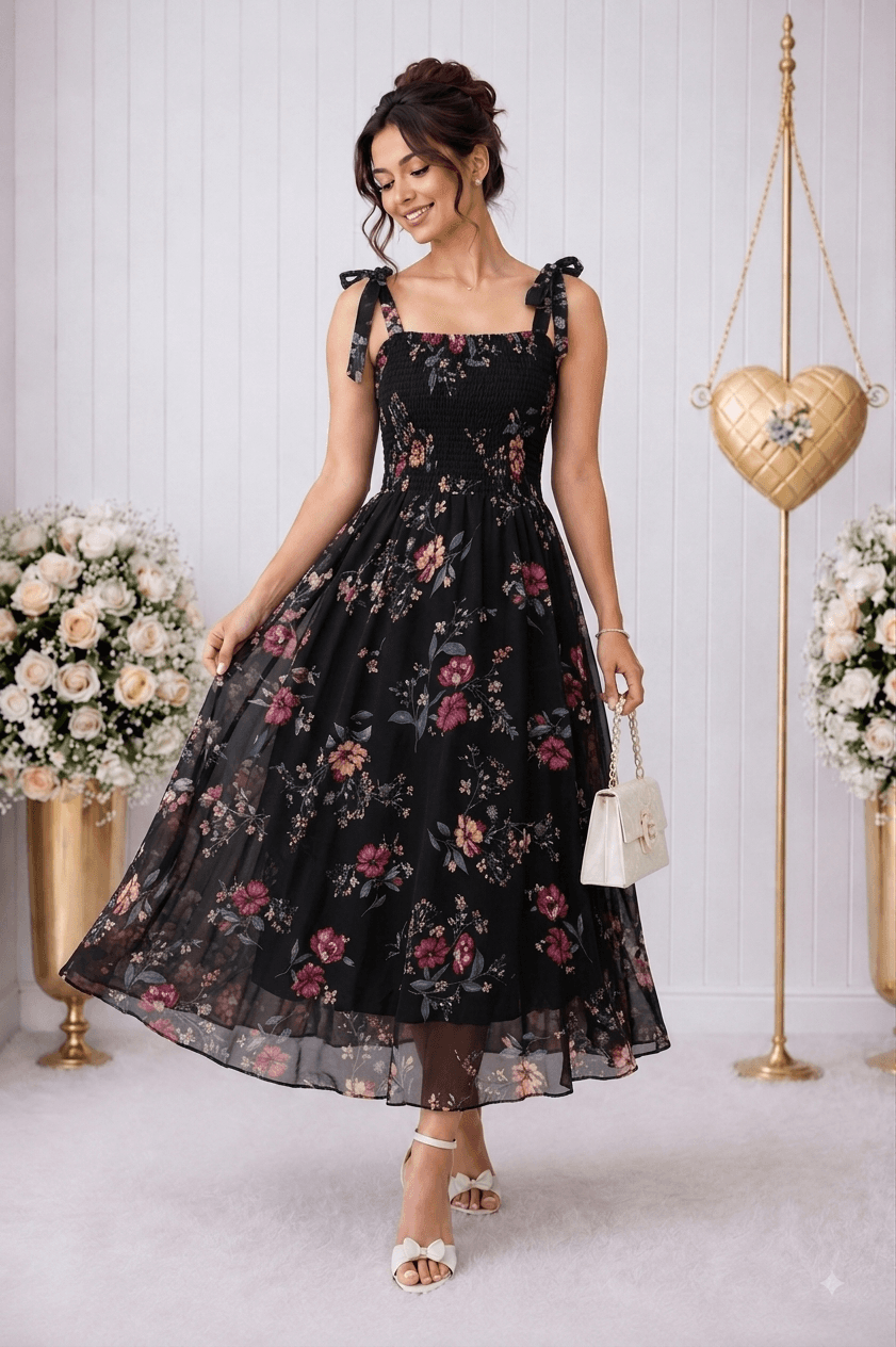 Women’s Black Floral Printed Fit & Flare Shoulder Starp Georgette Long Dress