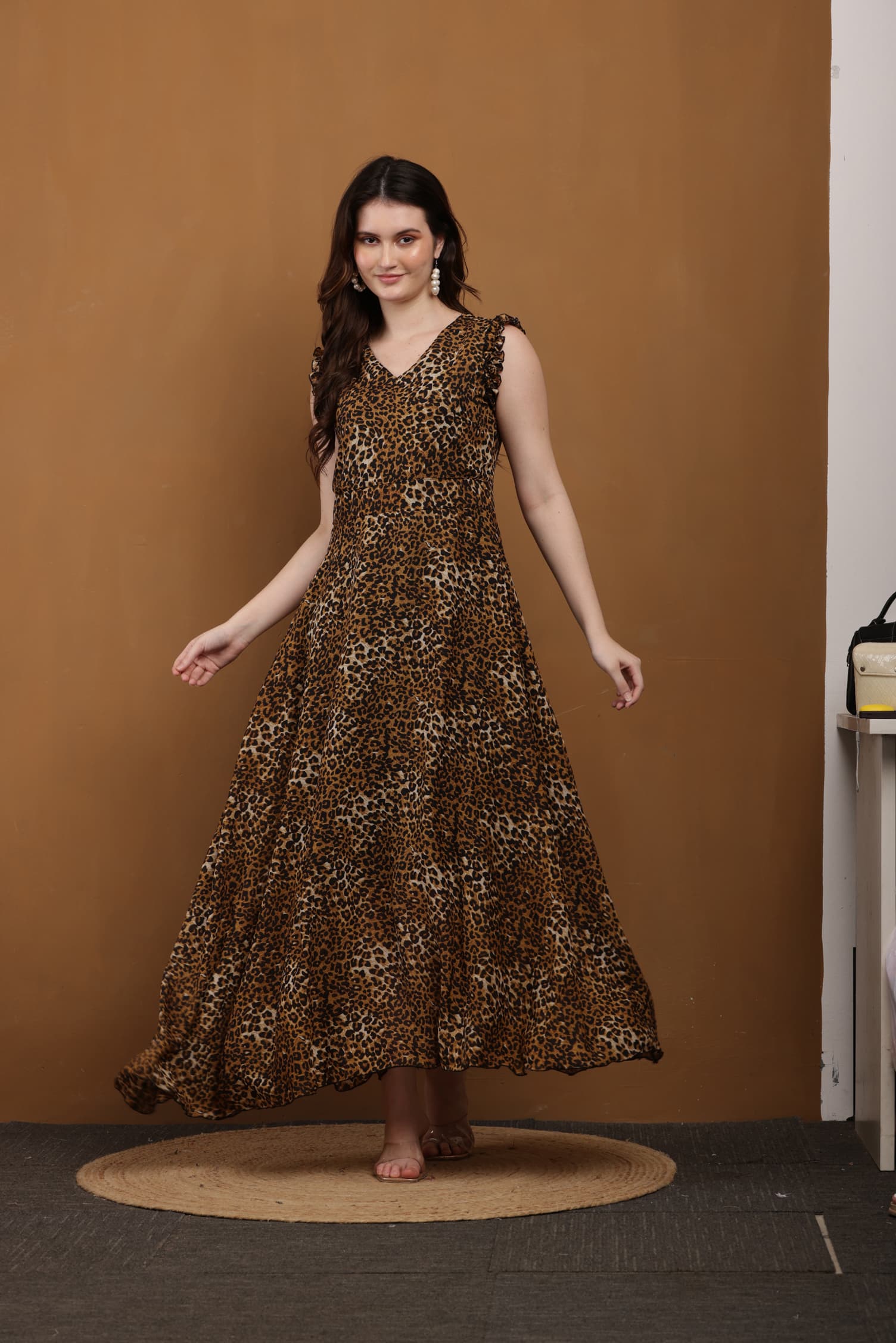 Women’s Tiger Printed Brown V-Neck Georgette Maxi Dress