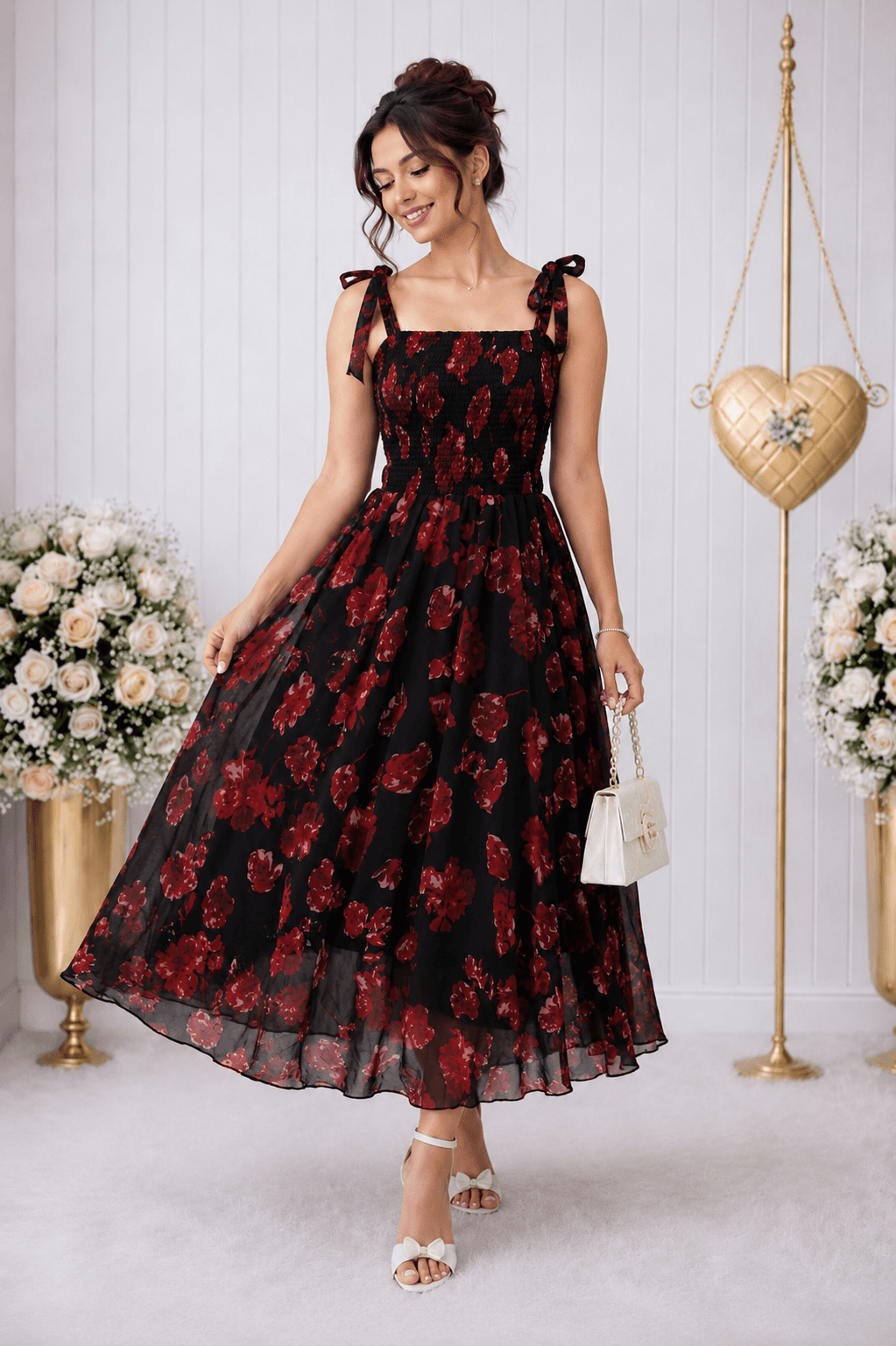 Women’s Black & Red Floral Printed Fit & Flare Shoulder Starp Georgette Long Dress
