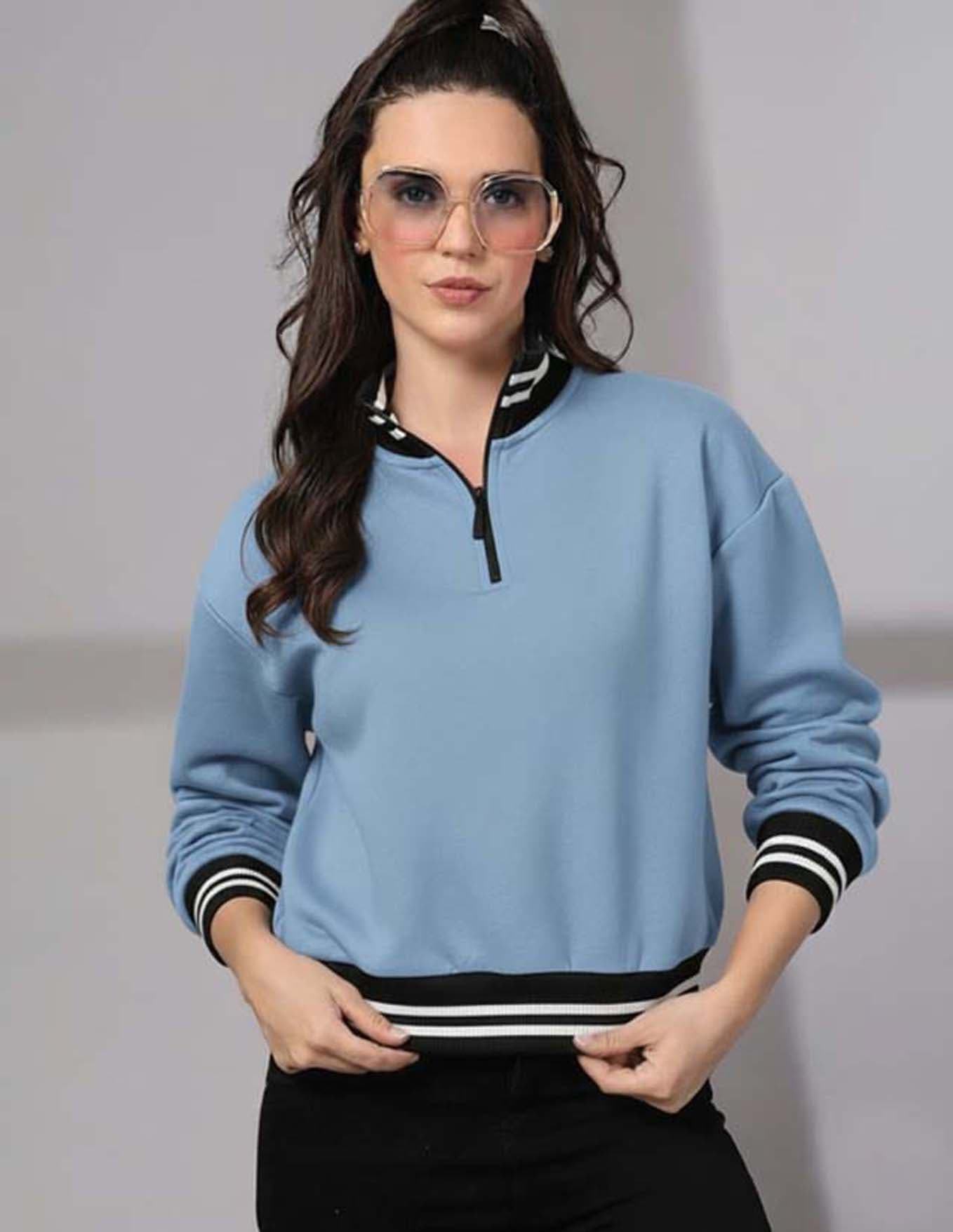 Women’s Sage Sky Blue Half-Zip Sweatshirt with Striped Ribbed Details