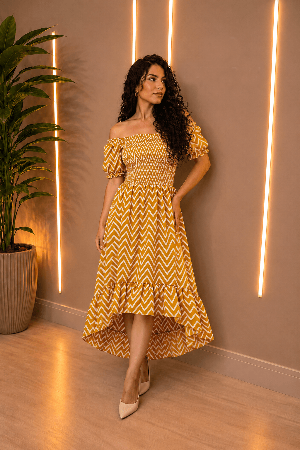 Yellow & White Chevron Printed Off-Shoulder High Low Dress
