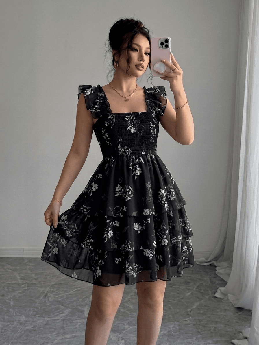 Women’s White Floral Printed Black Tiered Ruffle Sleeve Mini Dress