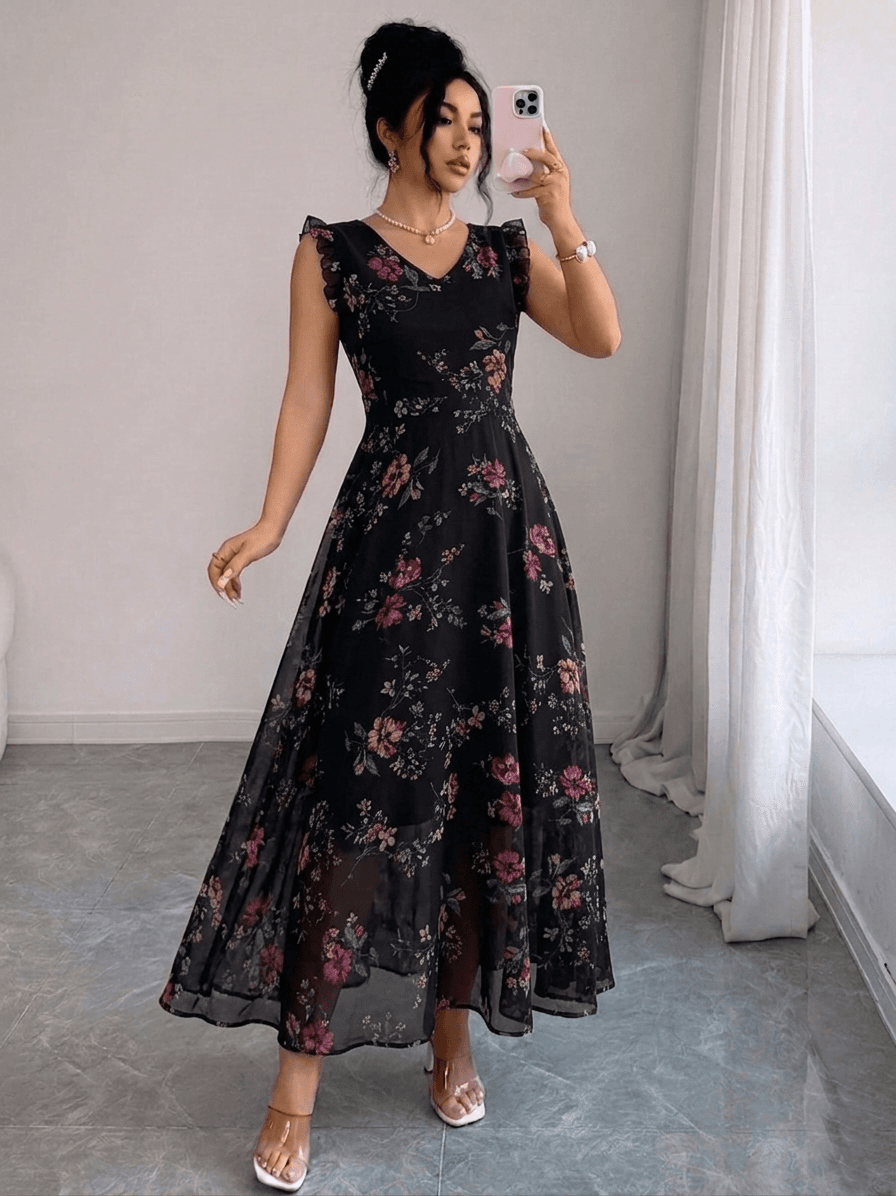 Women’s Black Floral Printed V-Neck Georgette Maxi Dress