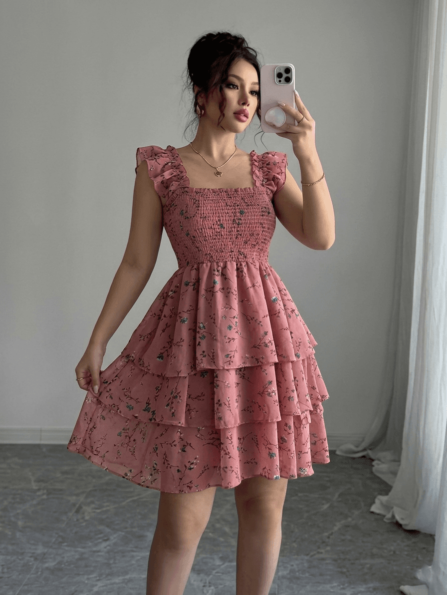 Women’s Peach Floral Printed Tiered Ruffle Sleeve Mini Dress