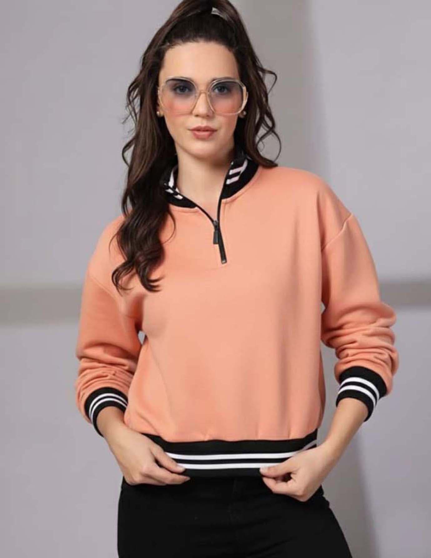 Women’s Peach Half-Zip Sweatshirt with Striped Ribbed Details