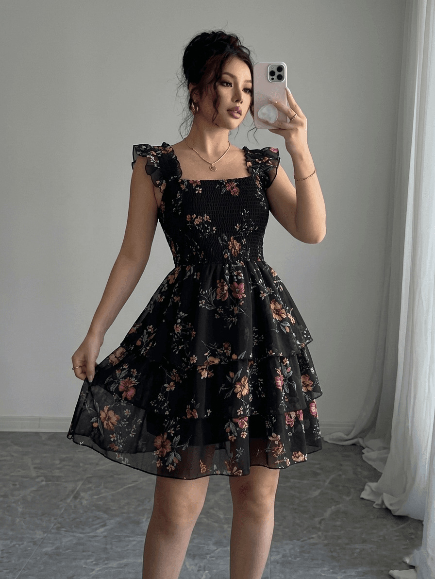Women’s Black Floral Printed Tiered Ruffle Sleeve Mini Dress