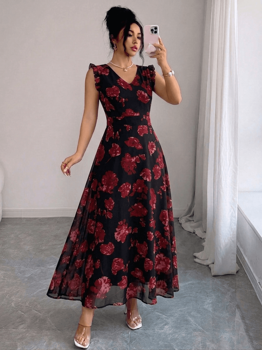 Women’s Black Floral Printed V-Neck Georgette Maxi Dress