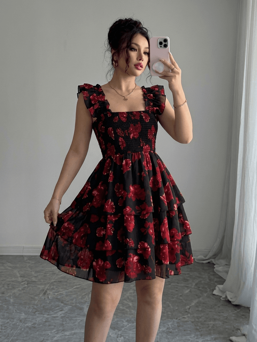 Women’s Black & Red Floral Printed Tiered Ruffle Sleeve Mini Dress