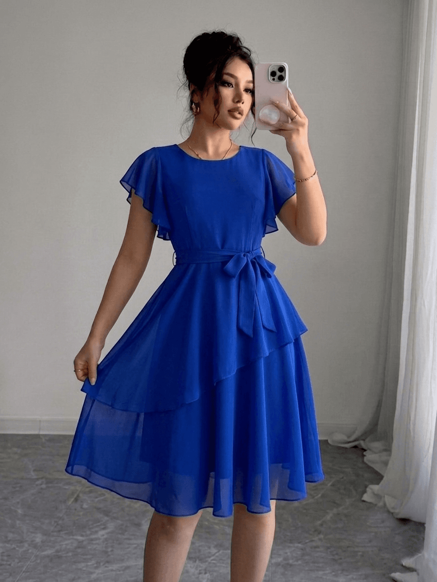 Women’s Royal Blue Ruffle Sleeve Midi Dress
