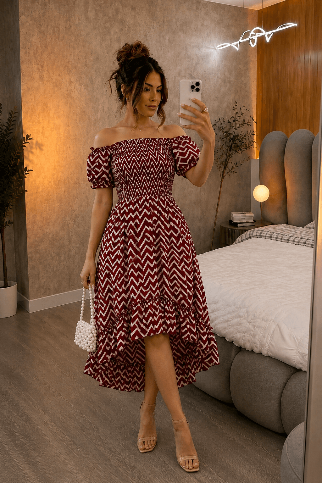 Maroon & White Chevron Printed Off-Shoulder High Low Dress