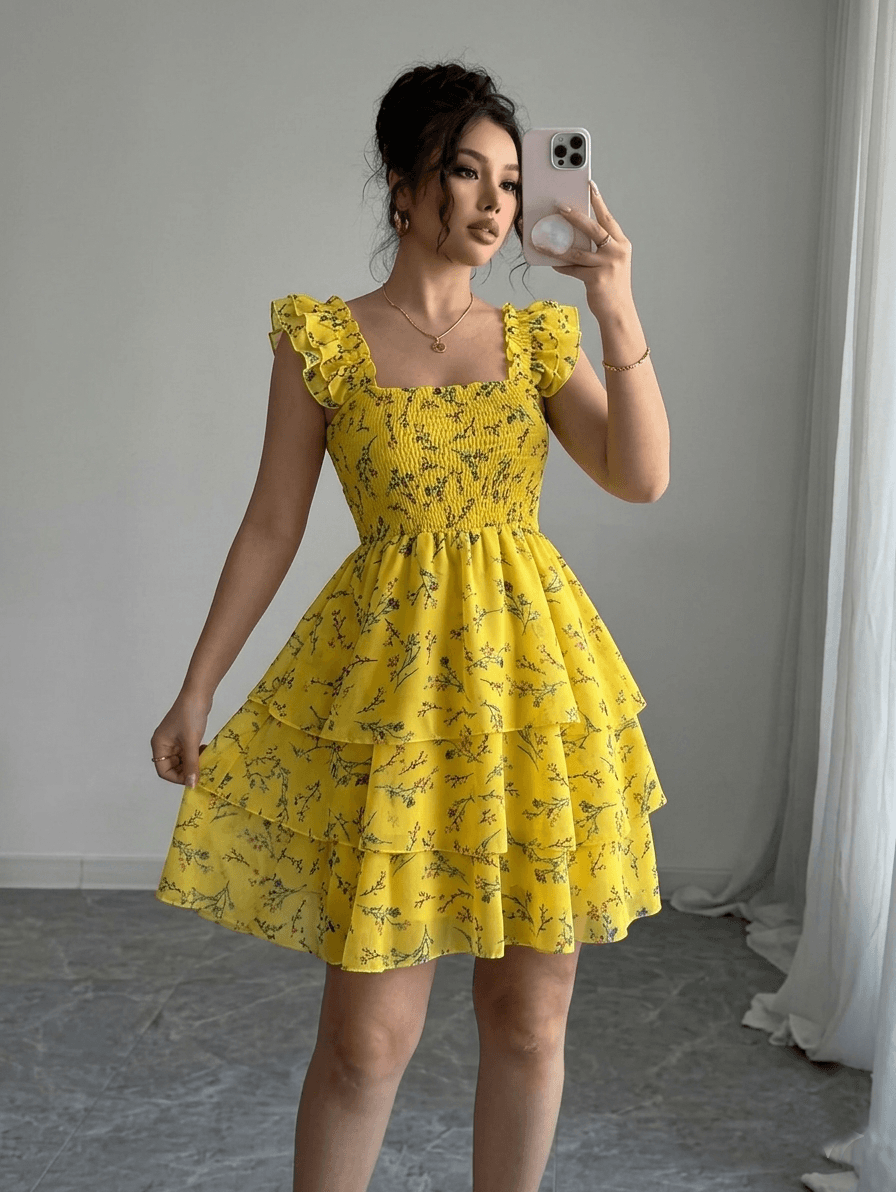 Women’s Yellow Floral Printed Tiered Ruffle Sleeve Mini Dress