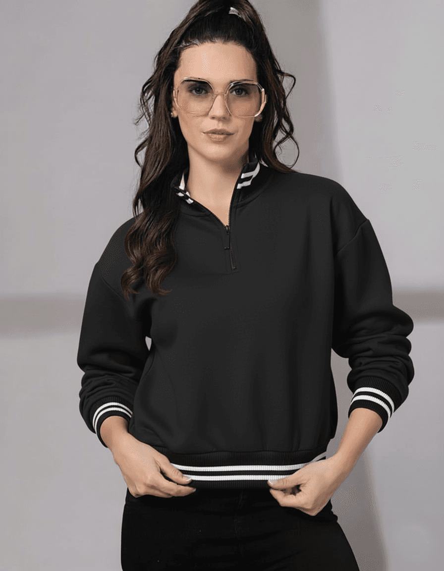 Women’s Black Half-Zip Sweatshirt with Striped Ribbed Details
