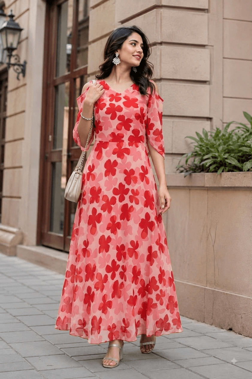 Women’s Pink Floral Printed V-Neck Georgette Maxi Dress