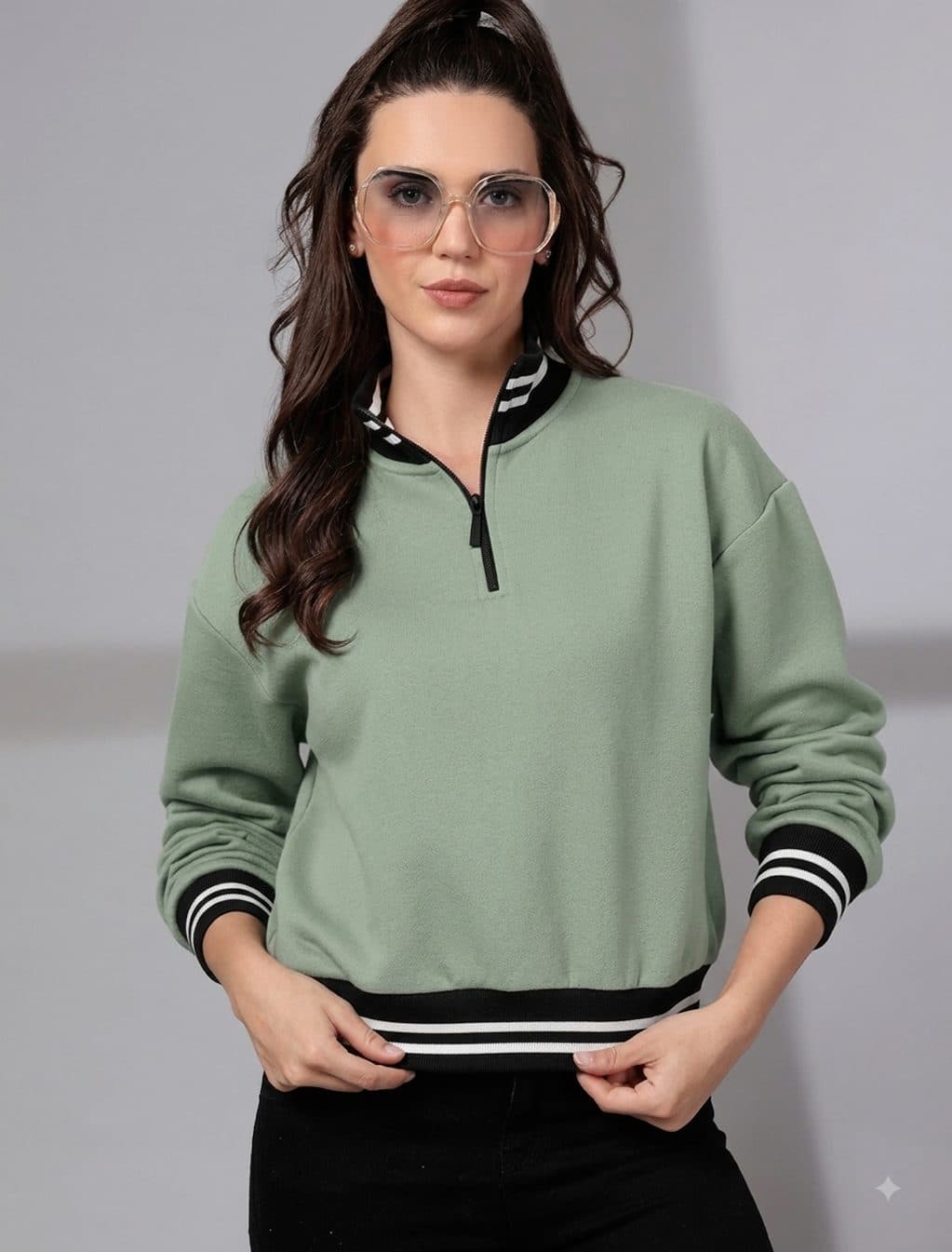Women’s Sage Green Half-Zip Sweatshirt with Striped Ribbed Details