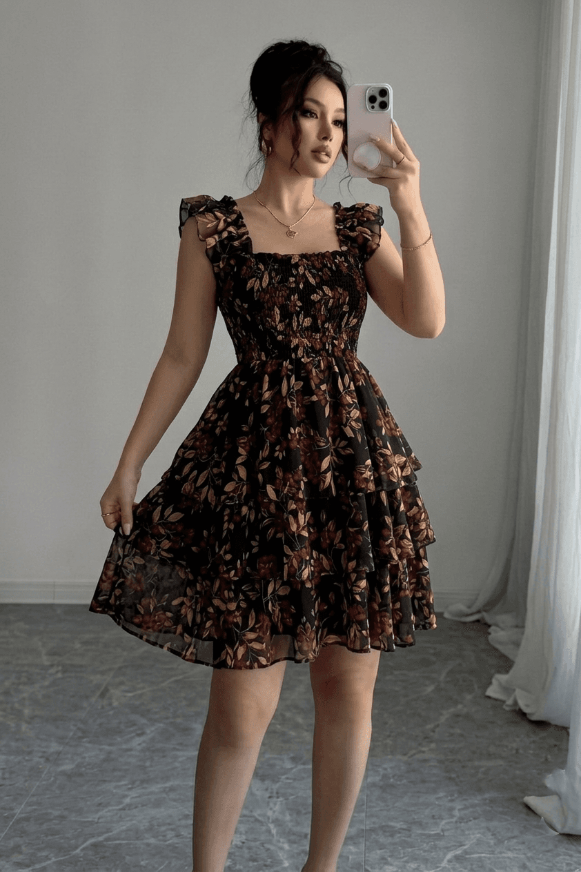 Women’s Yellow Floral Printed Black Tiered Ruffle Sleeve Mini Dress