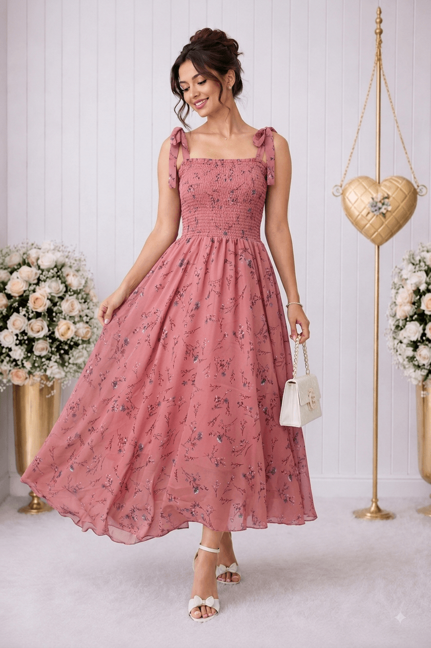 Women’s Peach Floral Printed Fit & Flare Shoulder Starp Georgette Long Dress